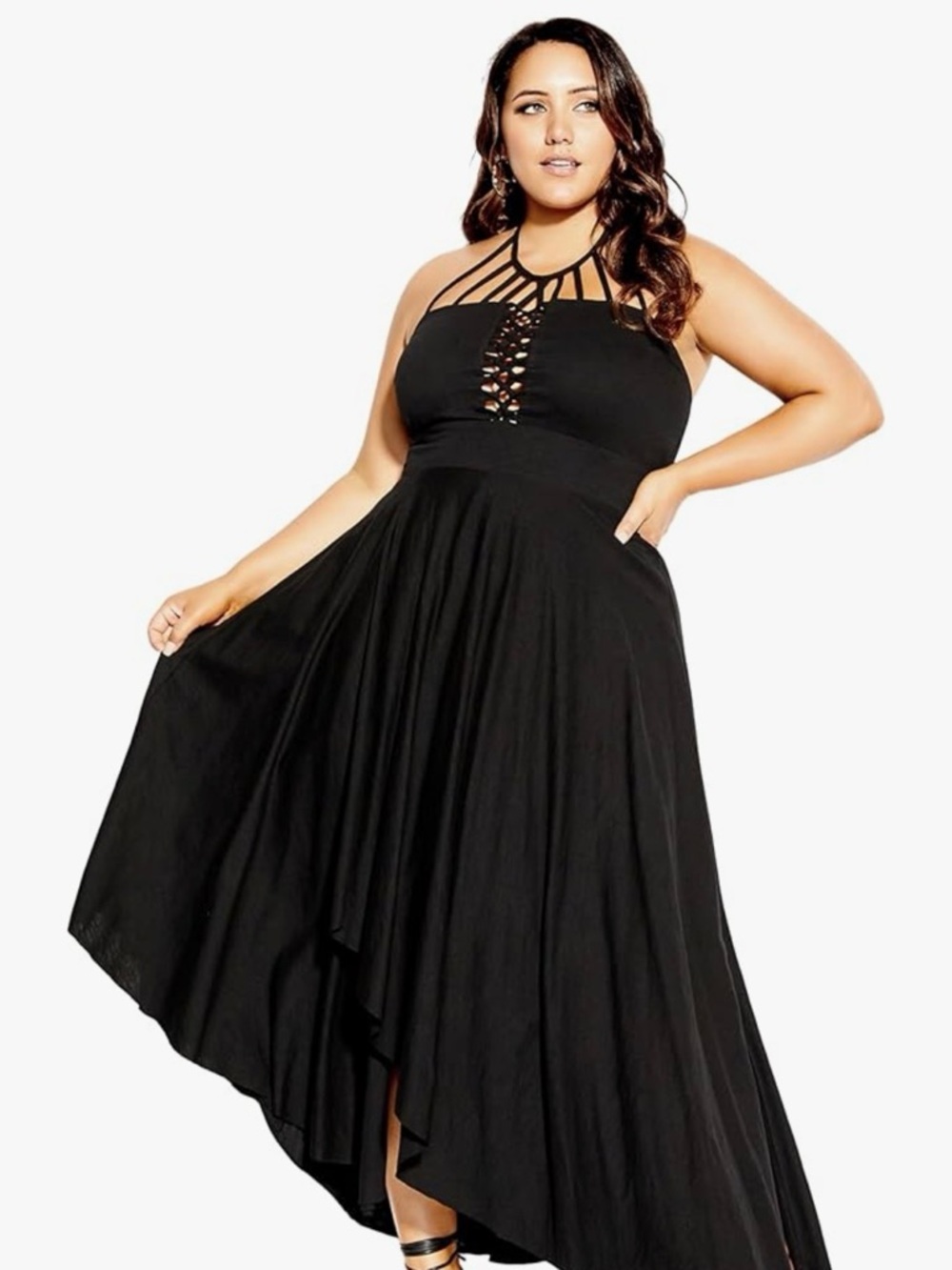 City Chic Black Halter Maxi Dress with Tie-Back Straps
